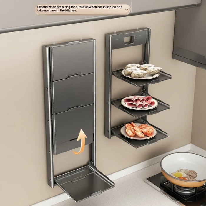4-Layer Kitchen Suction Cup Shelf Foldable Wall Mount Vegetable Preparation Aluminum No Drill Organizer Rack - Grey - 4