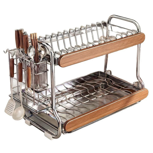 2-Tier Stainless Steel Dish Drying Rack Dish Drainer Bowl Kitchen Organizer with Cutlery Chopstick Holder - 1