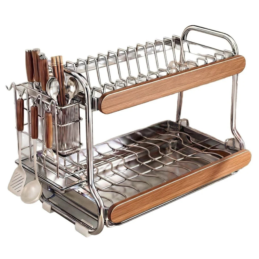 2-Tier Stainless Steel Dish Drying Rack Dish Drainer Bowl Kitchen Organizer with Cutlery Chopstick Holder - 1