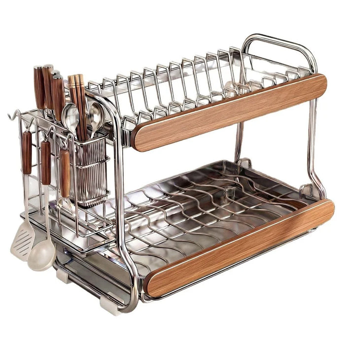 2-Tier Stainless Steel Dish Drying Rack Dish Drainer Bowl Kitchen Organizer with Cutlery Chopstick Holder - 1