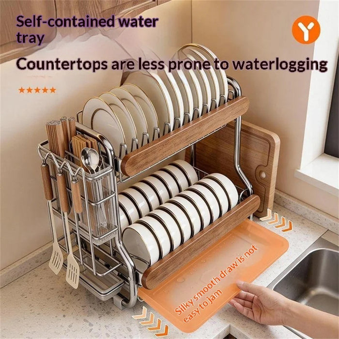2-Tier Stainless Steel Dish Drying Rack Dish Drainer Bowl Kitchen Organizer with Cutlery Chopstick Holder - 3