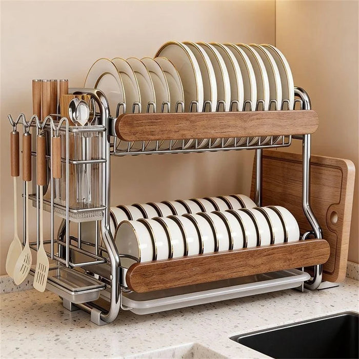 2-Tier Stainless Steel Dish Drying Rack Dish Drainer Bowl Kitchen Organizer with Cutlery Chopstick Holder - 4