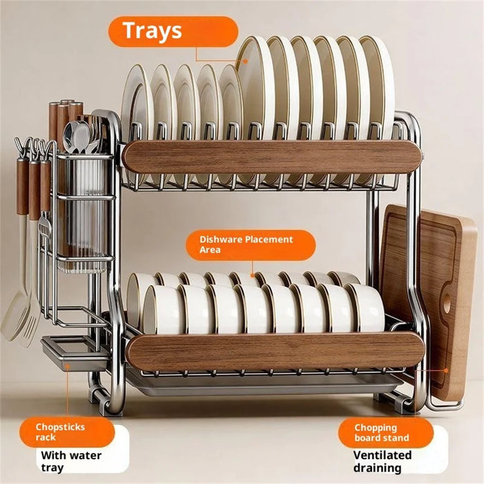 2-Tier Stainless Steel Dish Drying Rack Dish Drainer Bowl Kitchen Organizer with Cutlery Chopstick Holder - 5