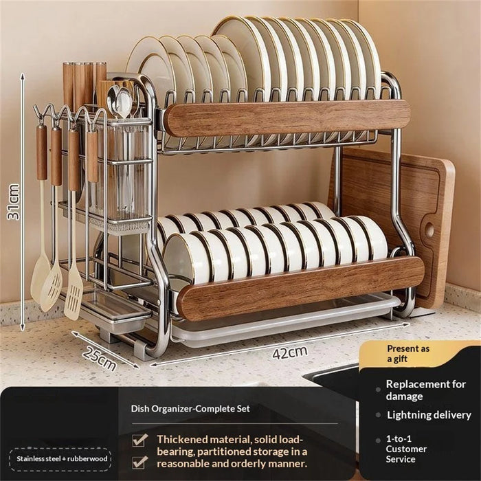 2-Tier Stainless Steel Dish Drying Rack Dish Drainer Bowl Kitchen Organizer with Cutlery Chopstick Holder - 6