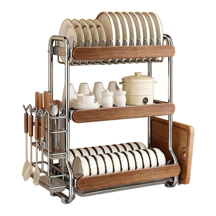 3-Tier Stainless Steel Dish Drying Rack Dish Drainer Bowl Kitchen Organizer with Chopstick Cutlery Holder Cutting Board Rack - 1