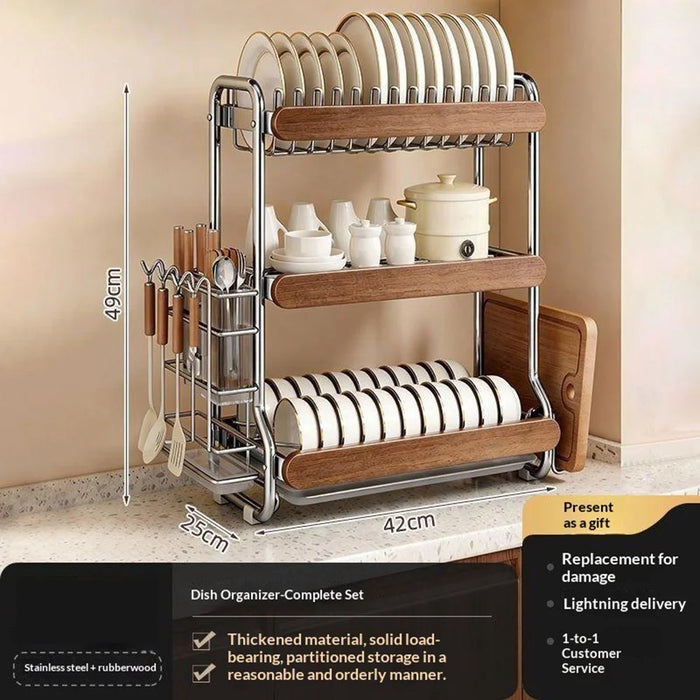 3-Tier Stainless Steel Dish Drying Rack Dish Drainer Bowl Kitchen Organizer with Chopstick Cutlery Holder Cutting Board Rack - 7