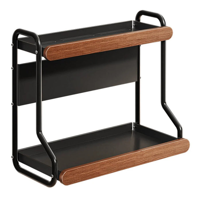 2-Tier 32x21x40cm Round Tube Kitchen Spice Rack Carbon Steel Solid Wood Countertop Storage Organizer for Seasoning Bottles - 1