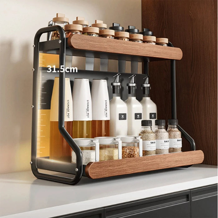 2-Tier 32x21x40cm Round Tube Kitchen Spice Rack Carbon Steel Solid Wood Countertop Storage Organizer for Seasoning Bottles - 2