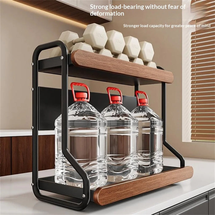 2-Tier 32x21x40cm Round Tube Kitchen Spice Rack Carbon Steel Solid Wood Countertop Storage Organizer for Seasoning Bottles - 3