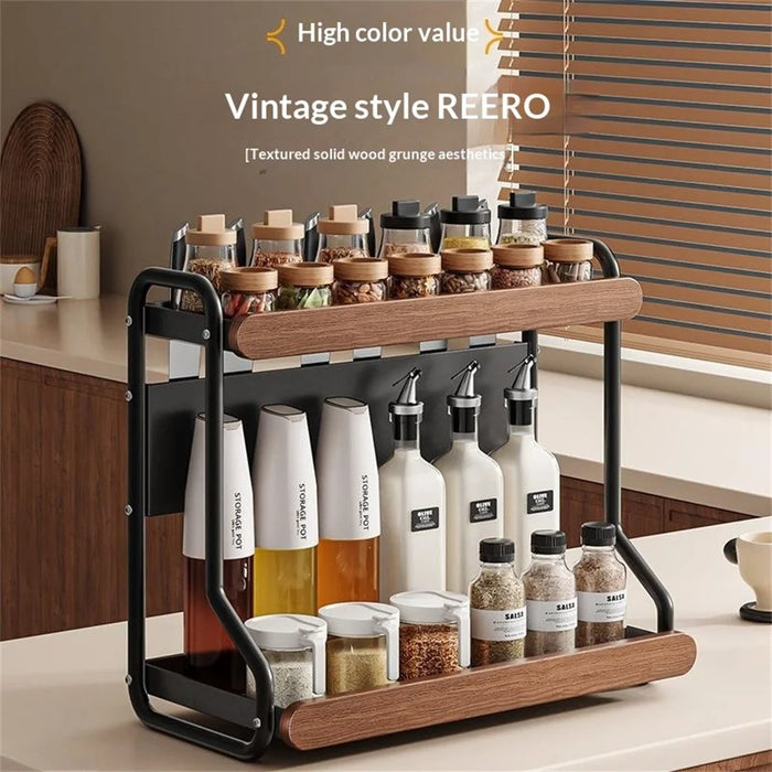2-Tier 32x21x40cm Round Tube Kitchen Spice Rack Carbon Steel Solid Wood Countertop Storage Organizer for Seasoning Bottles - 4