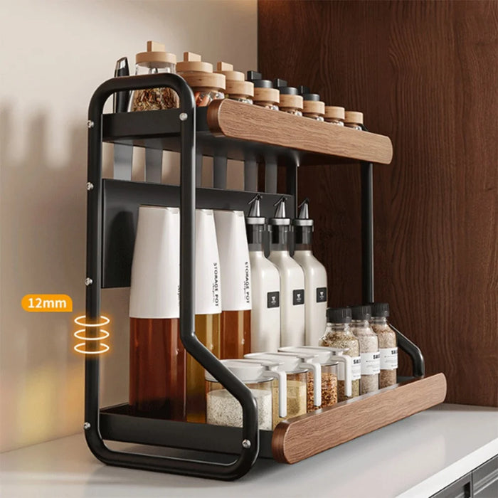 2-Tier 32x21x40cm Round Tube Kitchen Spice Rack Carbon Steel Solid Wood Countertop Storage Organizer for Seasoning Bottles - 6
