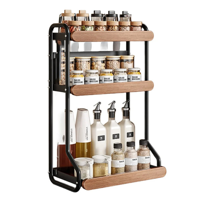 3-Tier 32x21x57cm Round Tube Kitchen Spice Rack with Knife Holder Carbon Steel Solid Wood Countertop Storage Organizer for Seasoning Bottles - 1