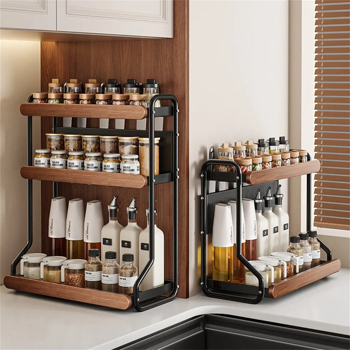3-Tier 32x21x57cm Round Tube Kitchen Spice Rack with Knife Holder Carbon Steel Solid Wood Countertop Storage Organizer for Seasoning Bottles - 4