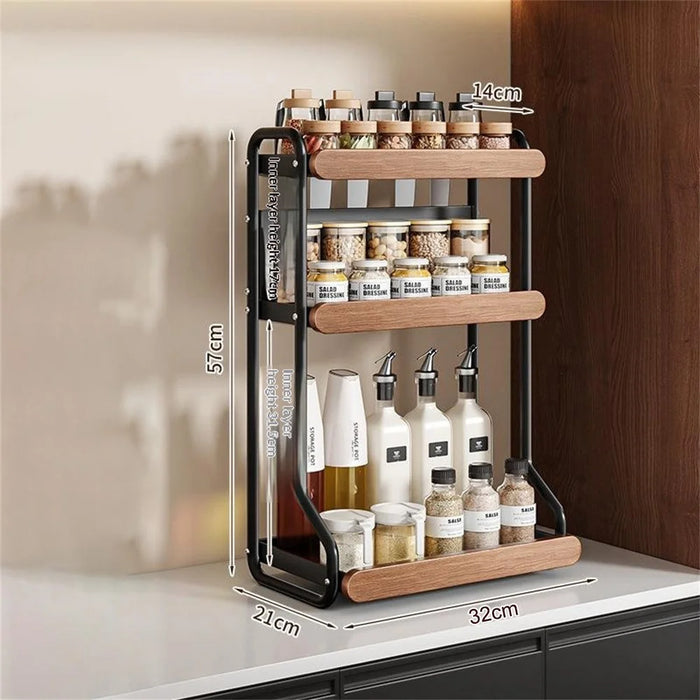 3-Tier 32x21x57cm Round Tube Kitchen Spice Rack with Knife Holder Carbon Steel Solid Wood Countertop Storage Organizer for Seasoning Bottles - 5