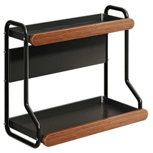 2-Tier 42x21x40cm Round Tube Kitchen Spice Rack Carbon Steel Solid Wood Countertop Storage Organizer for Seasoning Bottles - 1