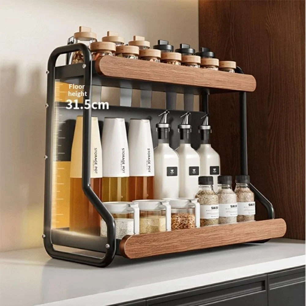2-Tier 42x21x40cm Round Tube Kitchen Spice Rack Carbon Steel Solid Wood Countertop Storage Organizer for Seasoning Bottles - 4