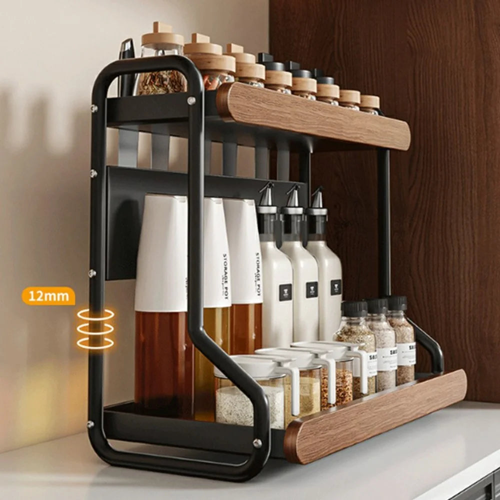 2-Tier 42x21x40cm Round Tube Kitchen Spice Rack Carbon Steel Solid Wood Countertop Storage Organizer for Seasoning Bottles - 5