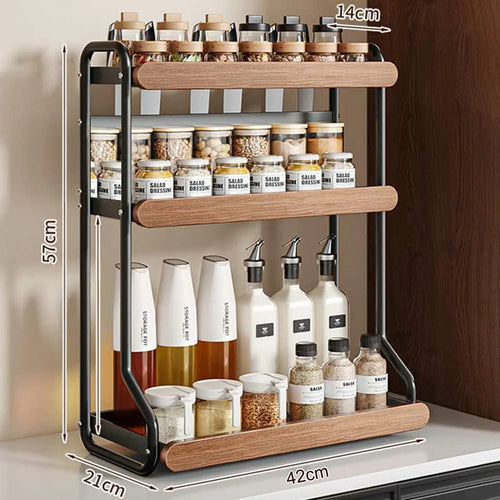 3-Tier 42x21x57cm Round Tube Kitchen Spice Rack with Knife Holder Carbon Steel Solid Wood Countertop Storage Organizer for Seasoning Bottles - 1