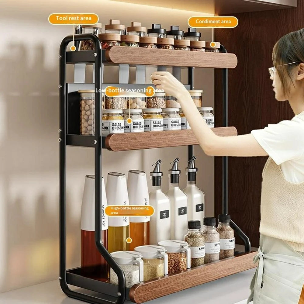 3-Tier 42x21x57cm Round Tube Kitchen Spice Rack with Knife Holder Carbon Steel Solid Wood Countertop Storage Organizer for Seasoning Bottles - 2