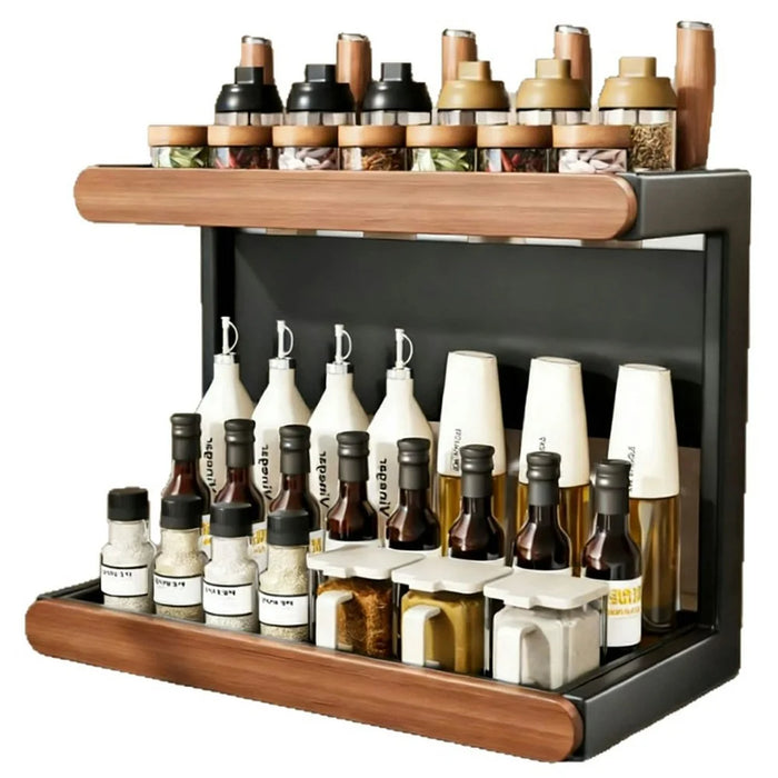2-Tier 32x21x36cm Square Tube Kitchen Spice Rack Carbon Steel Solid Wood Countertop Storage Organizer for Seasoning Bottles - 1