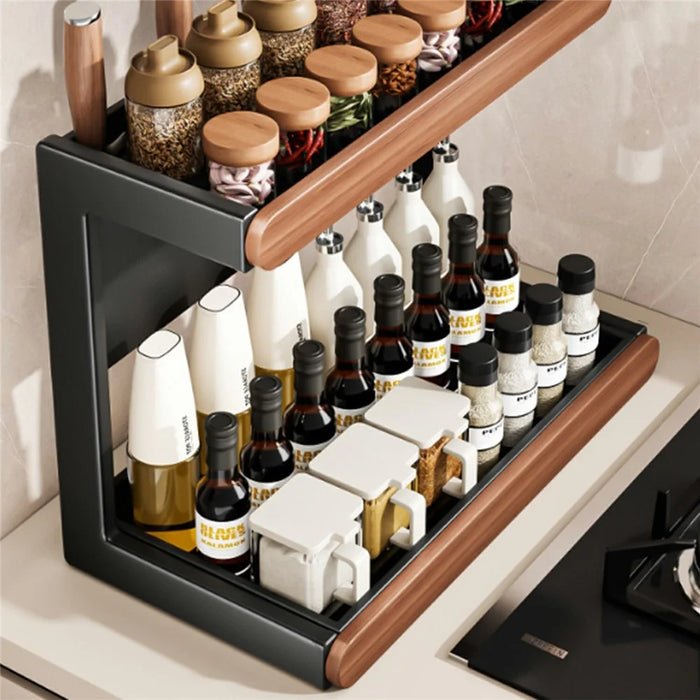2-Tier 32x21x36cm Square Tube Kitchen Spice Rack Carbon Steel Solid Wood Countertop Storage Organizer for Seasoning Bottles - 7