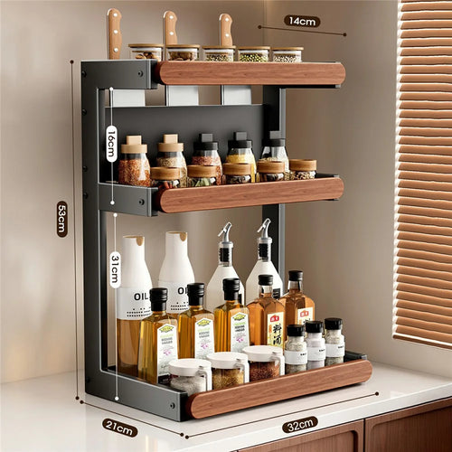3-Tier 32x21x53cm Square Tube Kitchen Spice Rack with Knife Holder Carbon Steel Solid Wood Countertop Storage Organizer for Seasoning Bottles - 1