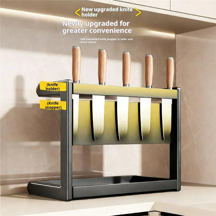 3-Tier 32x21x53cm Square Tube Kitchen Spice Rack with Knife Holder Carbon Steel Solid Wood Countertop Storage Organizer for Seasoning Bottles - 2