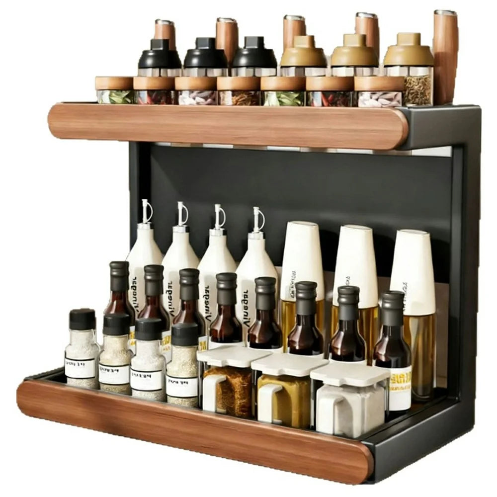 2-Tier 42x21x36cm Square Tube Kitchen Spice Rack Carbon Steel Solid Wood Countertop Storage Organizer for Seasoning Bottles - 1