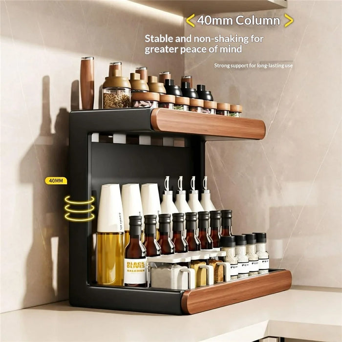 2-Tier 42x21x36cm Square Tube Kitchen Spice Rack Carbon Steel Solid Wood Countertop Storage Organizer for Seasoning Bottles - 2