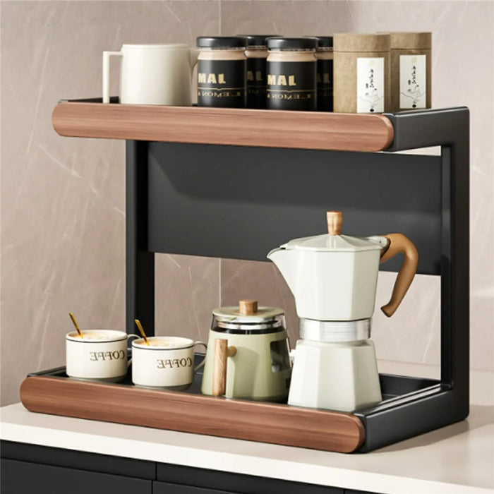 2-Tier 42x21x36cm Square Tube Kitchen Spice Rack Carbon Steel Solid Wood Countertop Storage Organizer for Seasoning Bottles - 5