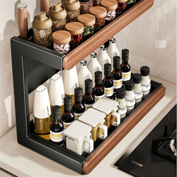 2-Tier 42x21x36cm Square Tube Kitchen Spice Rack Carbon Steel Solid Wood Countertop Storage Organizer for Seasoning Bottles - 7