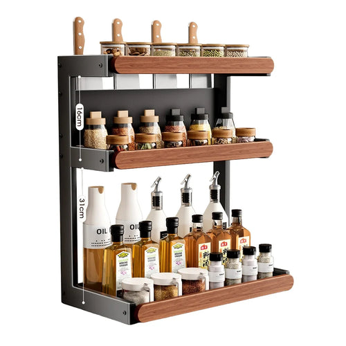 3-Tier 42x21x53cm Square Tube Kitchen Spice Rack with Knife Holder Carbon Steel Solid Wood Countertop Storage Organizer for Seasoning Bottles - 1