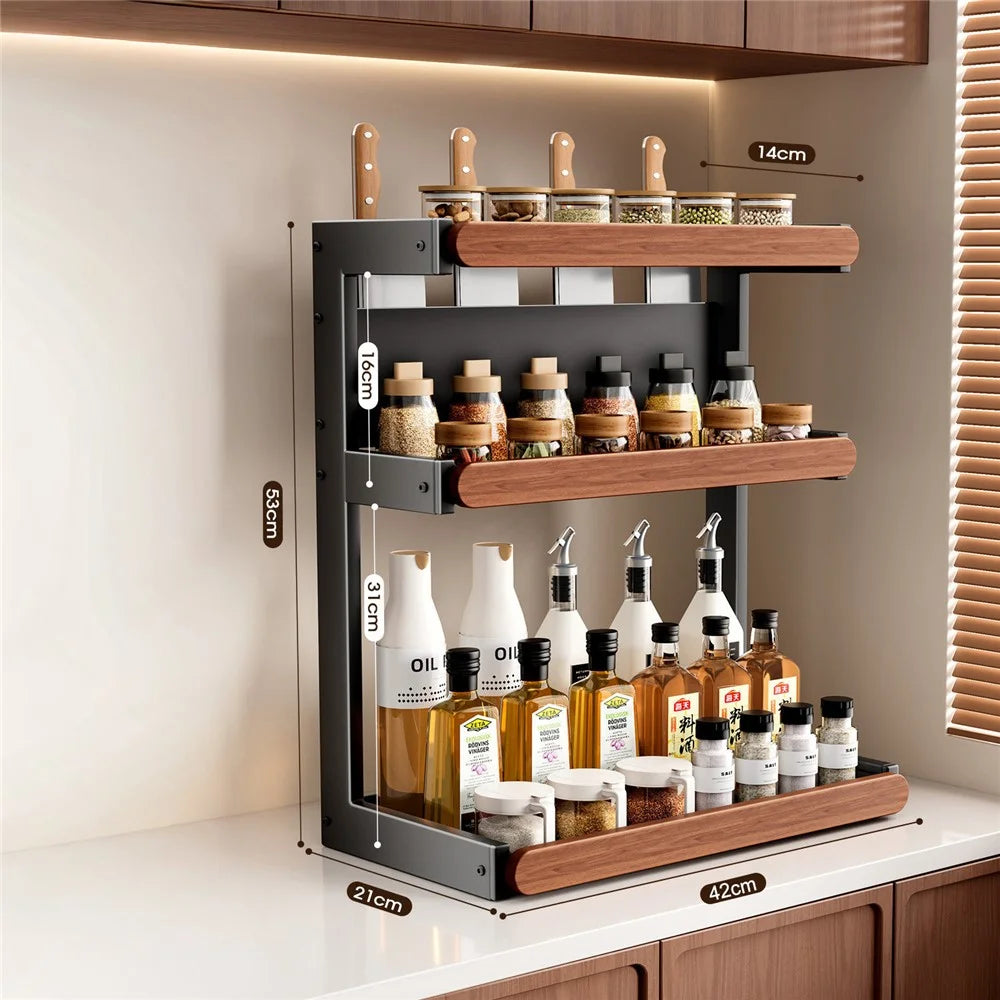 3-Tier 42x21x53cm Square Tube Kitchen Spice Rack with Knife Holder Carbon Steel Solid Wood Countertop Storage Organizer for Seasoning Bottles - 4