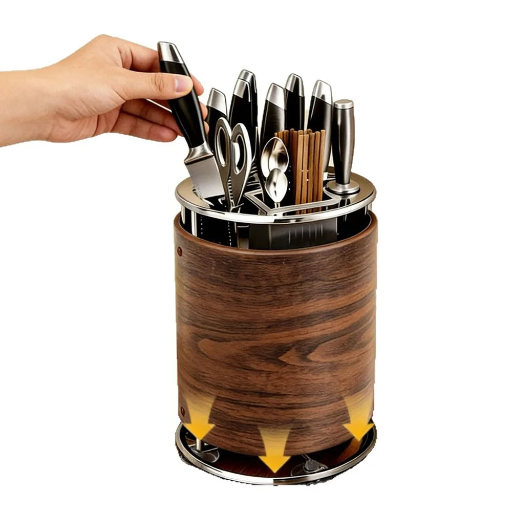 360 Degree Rotating Wood Grain Knife Block Kitchen Utensil Holder 8 Slot Multifunctional Storage Rack with Suction Base - 1