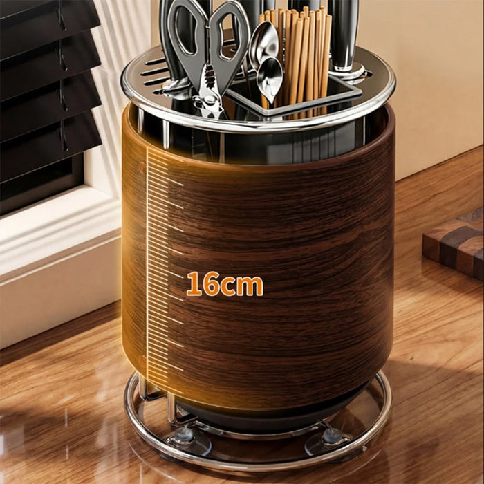 360 Degree Rotating Wood Grain Knife Block Kitchen Utensil Holder 8 Slot Multifunctional Storage Rack with Suction Base - 2