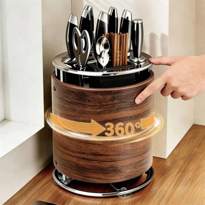 360 Degree Rotating Wood Grain Knife Block Kitchen Utensil Holder 8 Slot Multifunctional Storage Rack with Suction Base - 5