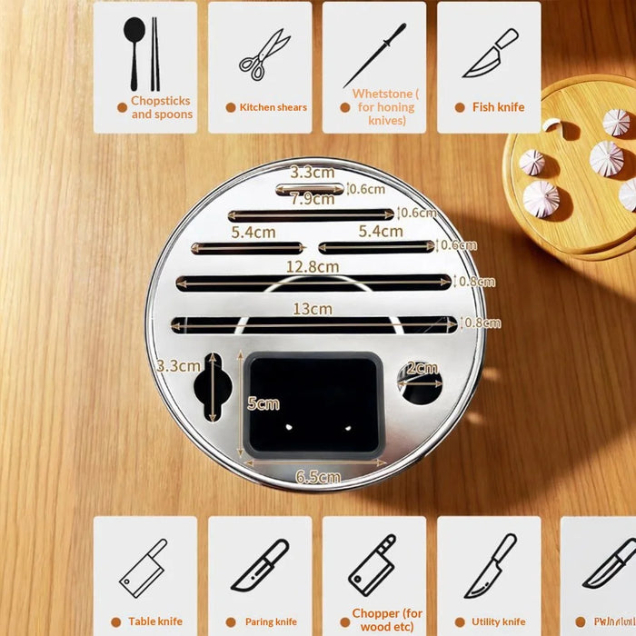 360 Degree Rotating Wood Grain Knife Block Kitchen Utensil Holder 8 Slot Multifunctional Storage Rack with Suction Base - 6