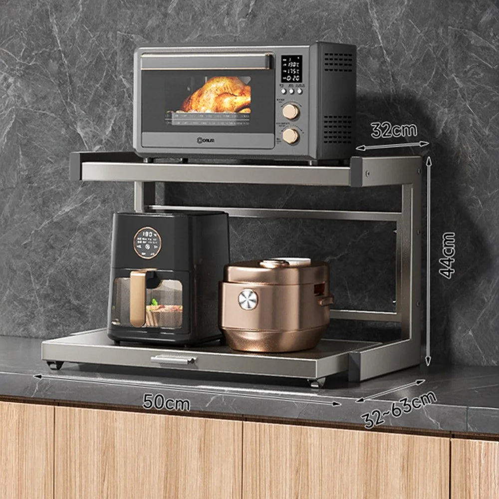 50x32x44cm 2-Tier Kitchen Microwave Oven Rack Stand with Pull-Out Drawer Carbon Steel Countertop Storage Shelf - 3