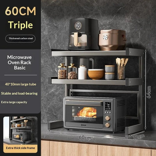 60x32x64cm 3-Tier Kitchen Microwave Oven Rack Stand Carbon Steel Countertop Storage Shelf - 1