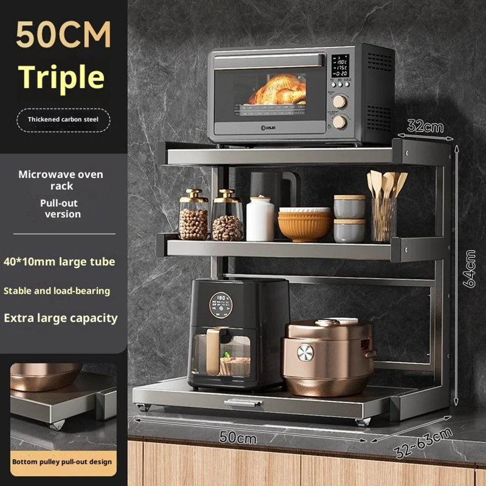 50x32x64cm 3-Tier Kitchen Microwave Oven Rack Stand with Pull-Out Drawer Carbon Steel Countertop Storage Shelf - 2