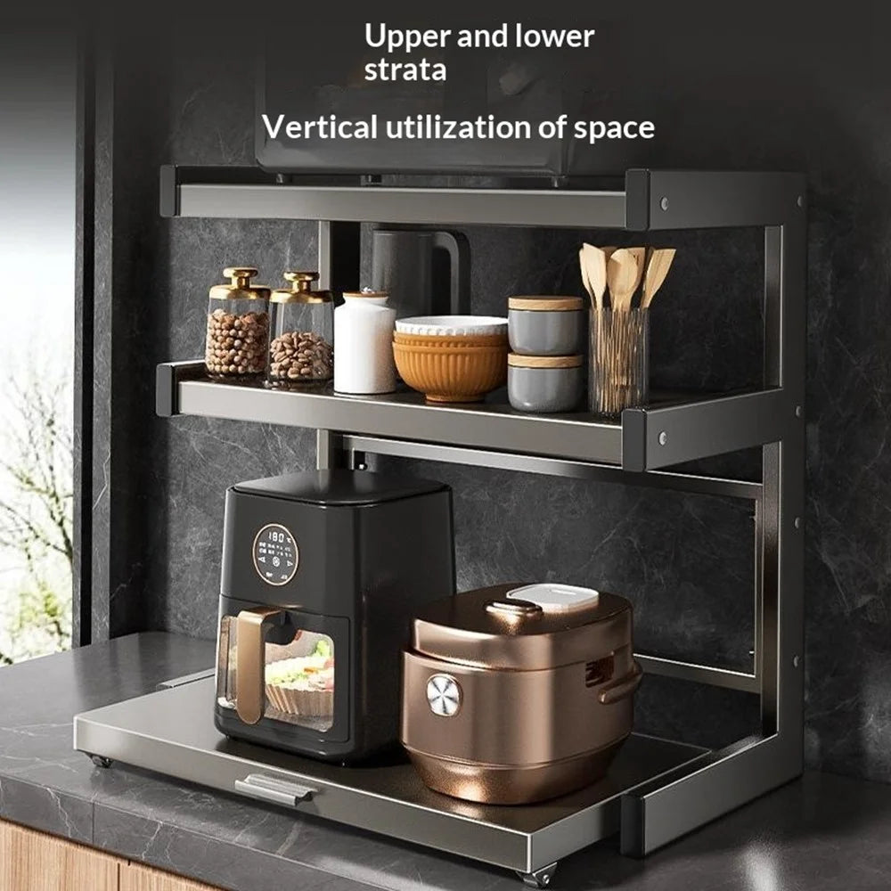 50x32x64cm 3-Tier Kitchen Microwave Oven Rack Stand with Pull-Out Drawer Carbon Steel Countertop Storage Shelf - 4