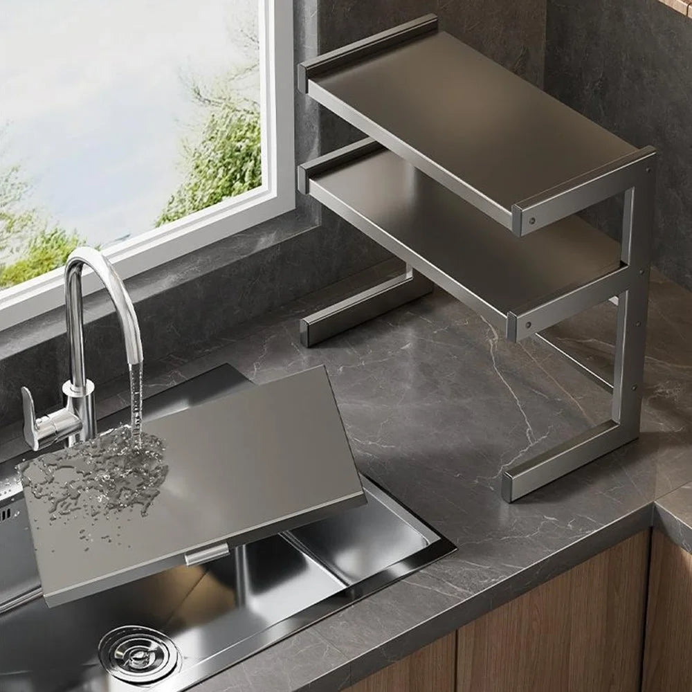 50x32x64cm 3-Tier Kitchen Microwave Oven Rack Stand with Pull-Out Drawer Carbon Steel Countertop Storage Shelf - 7