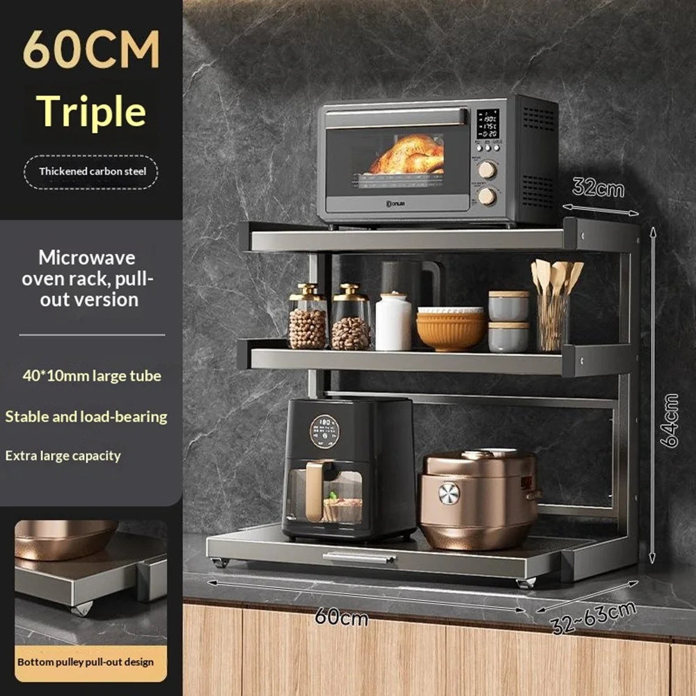 60x32x44cm 3-Tier Kitchen Microwave Oven Rack Stand with Pull-Out Drawer Carbon Steel Countertop Storage Shelf - 2