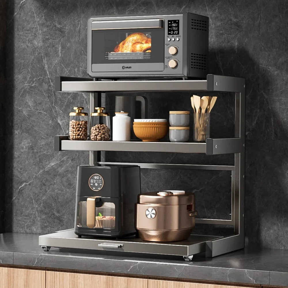 60x32x44cm 3-Tier Kitchen Microwave Oven Rack Stand with Pull-Out Drawer Carbon Steel Countertop Storage Shelf - 3