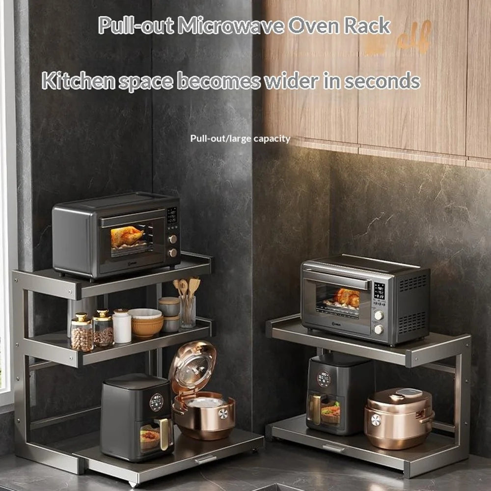 60x32x44cm 3-Tier Kitchen Microwave Oven Rack Stand with Pull-Out Drawer Carbon Steel Countertop Storage Shelf - 6