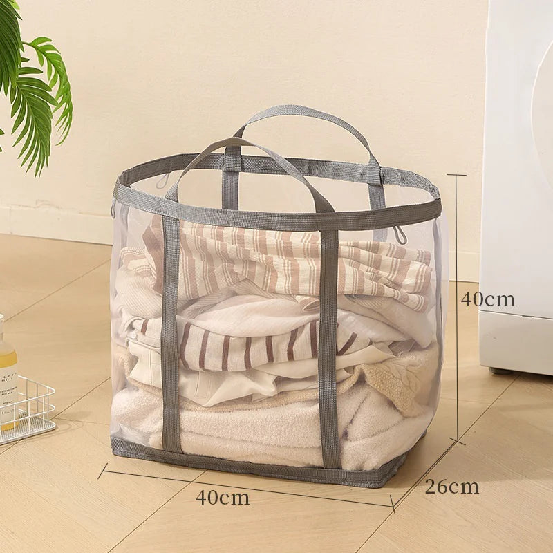 Size L Mesh Laundry Basket Foldable Breathable Dirty Clothes Hamper with Handles for Toys Storage - Grey - 1