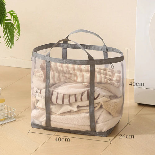 Size L Mesh Laundry Basket Foldable Breathable Dirty Clothes Hamper with Handles for Toys Storage - Grey - 1