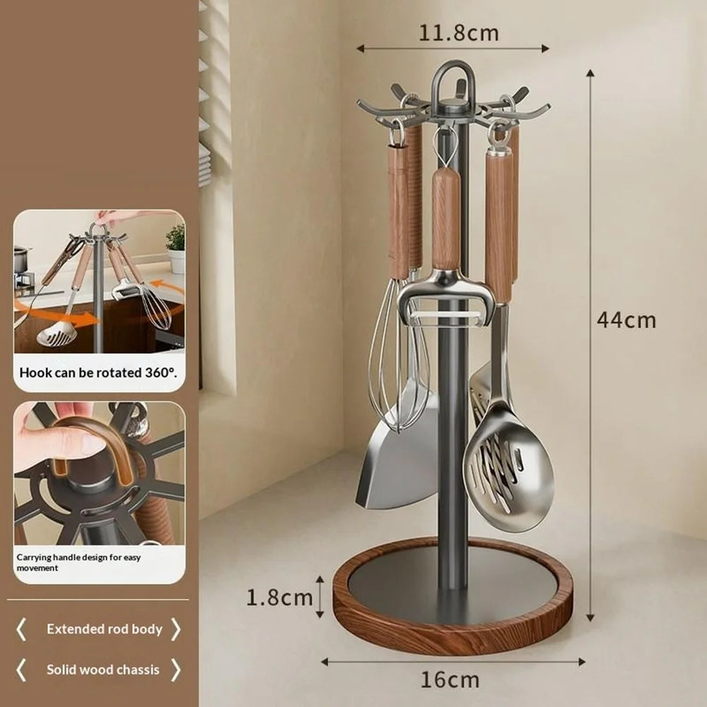 360 Degree Rotating Kitchen Utensil Holder 8 Hooks Swivel Stand Wooden Base Countertop Organizer - Grey - 2