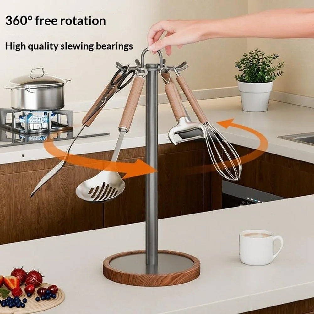 360 Degree Rotating Kitchen Utensil Holder 8 Hooks Swivel Stand Wooden Base Countertop Organizer - Grey - 3