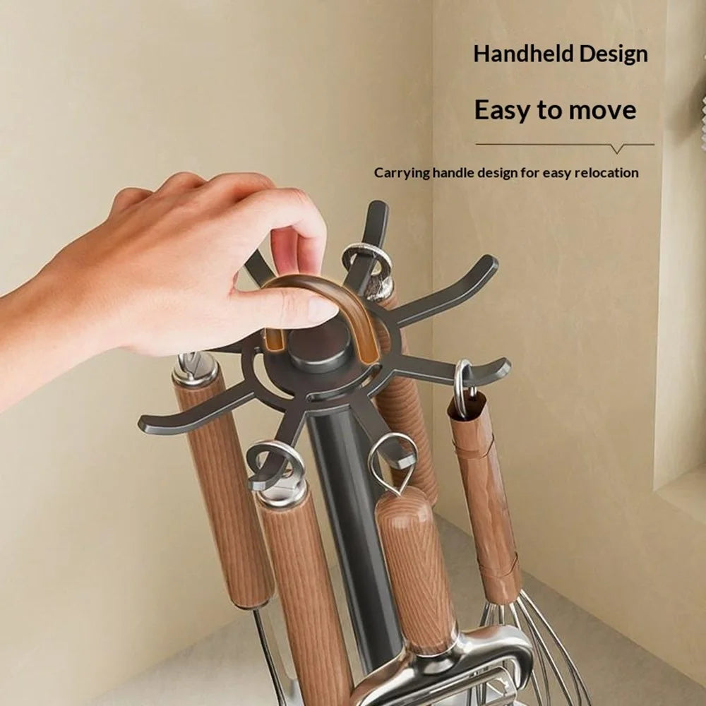 360 Degree Rotating Kitchen Utensil Holder 8 Hooks Swivel Stand Wooden Base Countertop Organizer - Grey - 4